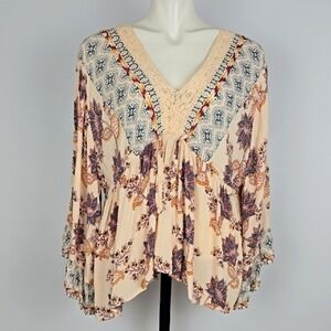 Eclipse Women's Boho Floral Crochet Lace Bell Sleeve Tunic Blouse Medium